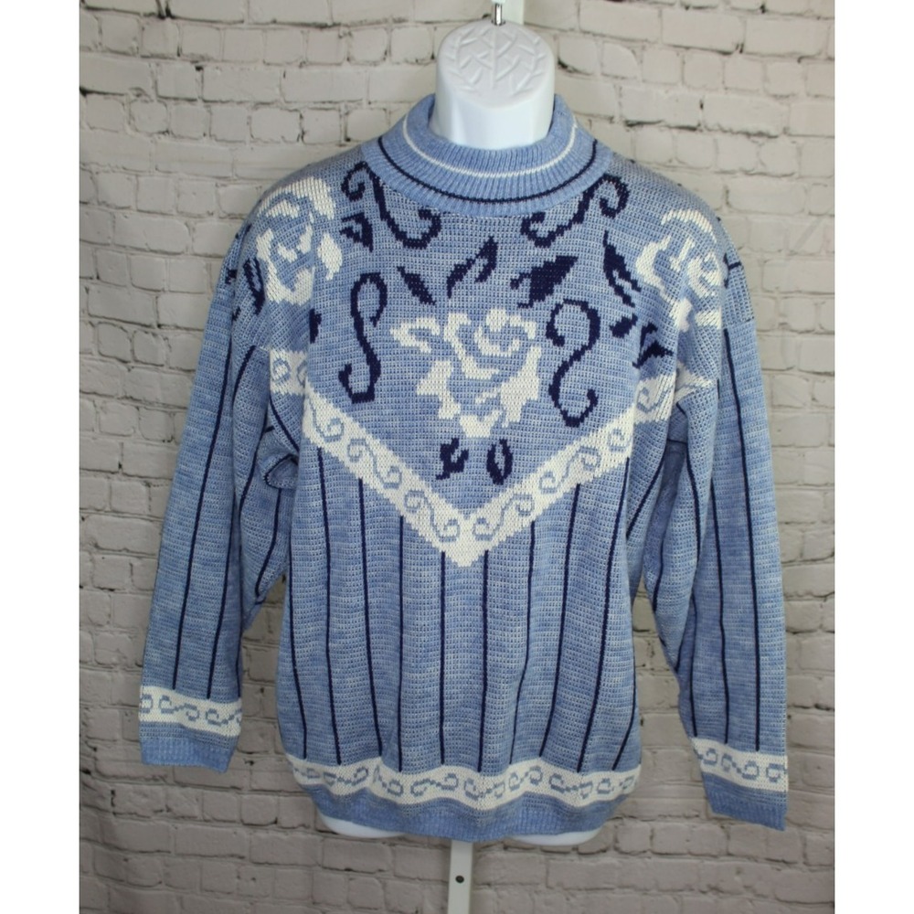 Vintage Village Fair 100% Acrylic Knit Sweater Size L Blue Floral Preppy Comfy‎